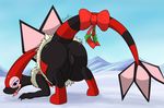  anus bent_over big_butt blue_eyes bow butt candy candy_cane claws digitigrade female flygon kaida kuroodod looking_at_viewer mountain nintendo outside pok&#233;mon pok&eacute;mon presenting presenting_hindquarters pussy ribbons snow solo thick_thighs tongue tongue_out video_games wide_hips wings 