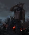  2019 5_fingers abandoned anthro black_nose blue_eyes canid canine city clothed clothing digital_media_(artwork) fox gun holding_object holding_weapon koul male mammal ranged_weapon solo topless weapon 