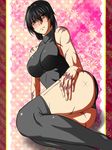  ass black_hair black_legwear blush breasts brown_eyes large_breasts leotard long_hair lying m.u.g.e.n on_side original pillarboxed samuimu scar sendai_hakurei_no_miko thighhighs touhou 