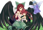  absurdres adapted_costume animal_ears bare_shoulders bow breasts cat_ears cleavage couple hair_bow highres holding_hands kaenbyou_rin long_hair luonawei medium_breasts multiple_girls pointy_ears red_eyes reiuji_utsuho touhou wings yuri zombie_fairy 