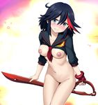  black_hair blue_eyes blush bottomless breasts fingerless_gloves gloves groin harukigenia highres kill_la_kill matoi_ryuuko medium_breasts multicolored_hair navel nipples red_hair school_uniform scissor_blade senketsu serafuku shirt_lift single_glove smile solo two-tone_hair 