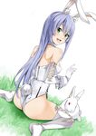  @ichigo absurdres animal_ears ass blush bunny bunny_ears bunny_tail bunnysuit detached_collar from_behind gloves green_eyes highres lavender_hair long_hair looking_back open_mouth phantasy_star phantasy_star_online_2 sitting solo tail tail_wagging thighhighs transparent_background wariza white_legwear wrist_cuffs 