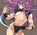  arm_blade earrings horns jewelry jojo_no_kimyou_na_bouken kars_(jojo) licking_lips long_hair male_focus purple_hair red_eyes solo tongue tongue_out toujou_sakana weapon 