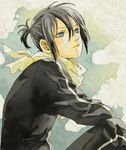  black_hair blue_eyes ikaruga_hana lowres male_focus noragami scarf sitting solo tied_hair track_suit yato_(noragami) 