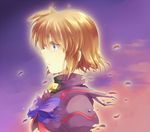  blue_eyes bow bowtie brown_hair dress from_side jacket lyrical_nanoha magical_girl mahou_shoujo_lyrical_nanoha mahou_shoujo_lyrical_nanoha_a's mahou_shoujo_lyrical_nanoha_a's_portable:_the_battle_of_aces material-s night night_sky purple_dress short_hair sky solo takana 