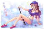  absurdres arm_support bare_legs baseball baseball_bat baseball_cap belt blue_eyes bra bracelet breasts brown_hair cleavage flag front-tie_top hat highres jewelry large_breasts long_hair midriff navel off_shoulder original scrunchie shirt shoes short_shorts shorts smile sneakers solo suikakitsu_shiro taiwan tied_shirt underwear world_baseball_classic xia_you_qing 