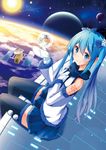  2013 2014 blue_eyes blue_hair detached_sleeves hand_on_own_chest hatsune_miku long_hair looking_at_viewer mittens ok-ray sitting skirt smile snowman solo spring_onion tattoo thighhighs twintails vocaloid 