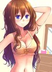  arm_behind_back blue_eyes bra breasts brown_hair cleavage collarbone long_hair medium_breasts navel no_shirt original solo suikakitsu_shiro underwear xia_you_qing 