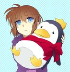  bird blue_eyes brown_hair casual empty_eyes holding hood hoodie looking_at_viewer lowres lyrical_nanoha mahou_shoujo_lyrical_nanoha mahou_shoujo_lyrical_nanoha_a's mahou_shoujo_lyrical_nanoha_a's_portable:_the_battle_of_aces material-s penguin short_hair solo standing stuffed_animal stuffed_penguin stuffed_toy takana 