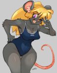  2019 anthro blonde_hair breasts chalo clothing female fur grey_background grey_fur hair hand_on_hip las_lindas long_hair looking_at_viewer mammal mouse one-piece_swimsuit one_eye_closed open_mouth purple_eyes rodent signature simple_background solo standing swimsuit tootsie v_sign wide_hips 
