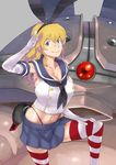  acguy blonde_hair bow breasts cosplay elbow_gloves freckles gloves green_eyes gundam hair_bow jack_hamster kantai_collection kay_nimrod large_breasts long_hair mecha navel panties salute sd_gundam_g-generation shimakaze_(kantai_collection) shimakaze_(kantai_collection)_(cosplay) sideboob skirt socks striped striped_legwear thighhighs thong underwear 