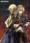  belt blonde_hair blue_eyes blue_gloves brown_eyes brown_hair coat dark_skin dark_skinned_male earrings fingerless_gloves gloves god_eater god_eater_2:_rage_burst hand_on_hip jewelry julius_visconti looking_at_viewer multiple_boys necktie overcoat soma_schicksal 