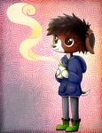  brown_eyes brown_fur brown_hair canine coffee cute dog fur hair happy holding_cup hoodie lyeni mammal muffins solo steam white_fur 