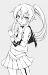  adjusting_clothes adjusting_gloves gloves gloves_removed greyscale kantai_collection looking_at_viewer midriff monochrome navel pleated_skirt ponytail single_glove skirt solo teruui yahagi_(kantai_collection) 
