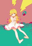  barefoot blonde_hair blue_eyes doughnut food lightning long_hair long_legs monogatari_(series) oshino_shinobu pekikokko pointy_ears solo 