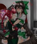  ? absurdres animal_ears black_hair bow braid cat_ears cat_tail commentary grin hair_bow halo heart highres hug kaenbyou_rin long_hair luonawei multiple_girls multiple_tails red_eyes red_hair reiuji_utsuho smile straddling tail touhou twin_braids wings yuri zombie_fairy 