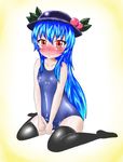  blue_hair blush hat hinanawi_tenshi red_eyes school_swimsuit solo swimsuit tears thighhighs touhou trembling 