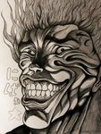  close-up commentary face grappler_baki hanma_yuujirou ikami_(rockhardridefree) monochrome muscle nipa~ parody short_hair smile teeth upper_body wrinkles 