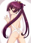  1girl against_wall ar_tonelico ar_tonelico_iii ass back blush finnel from_behind gust inumori_sayaka long_hair looking_at_viewer parted_lips purple_eyes purple_hair twintails underwear very_long_hair 