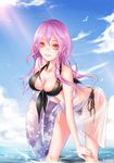  ahoge bikini bird black_bikini breasts cleavage front-tie_bikini front-tie_top hair_between_eyes innertube large_breasts leaning_forward long_hair ocean original pink_eyes purple_hair sarong seagull sky solo swimsuit translucent_sarong wading water white_sarong zhen_panxie 