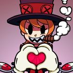 &gt;:) bow cigar crossed_arms extra_eyes gloves hat heart heart_hands hollow_eyes looking_at_viewer mechanical_arm no_eyes orange_hair parted_lips peacock_(skullgirls) red_eyes sharp_teeth shisen short_hair skullgirls smile smoke smoking solo teeth top_hat uneven_eyes v-shaped_eyebrows 
