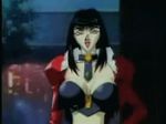  90s animated animated_gif black_hair bouncing_breasts breasts choujin_gakuen_gowcaizer cleavage fang fur_trim kubira_(gowcaizer) leather lowres navel oobari_masami smile 