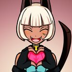  :d ^_^ animal_ears blush breasts cat_ears closed_eyes collar fangs fingerless_gloves gloves heart heart_hands medium_breasts ms._fortune_(skullgirls) open_mouth scar shisen short_hair skullgirls smile solo tail underboob white_hair 