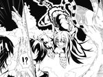  1boy 1girl animal_ears cat_ears cheshire_cat_(mamano_girl_lover) cheshire_cat_(mamono_girl_lover) dress grin hanging long_hair mamano_girl_lover mamono_girl_lover monochrome monster_girl monster_girl_encyclopedia short_hair skirt smile tail 