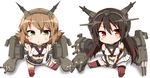  bare_shoulders black_hair breasts brown_hair chibi gloves green_eyes headgear kantai_collection long_hair medium_breasts midriff multiple_girls mutsu_(kantai_collection) nagato_(kantai_collection) red_eyes red_legwear short_hair tsukudani_norio white_gloves 