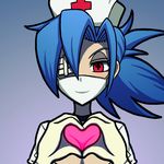  1girl absurdres blue_hair breasts choker cleavage eyepatch gloves hat heart heart_hands highres large_breasts looking_at_viewer mask nurse nurse_cap shisen skullgirls solo surgical_mask symbol-shaped_pupils valentine_(skullgirls) white_gloves 