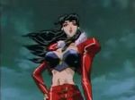  90s animated animated_gif black_hair bouncing_breasts breasts choujin_gakuen_gowcaizer cleavage fur kubira_(gowcaizer) leather lowres navel oobari_masami piercing trim 