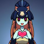  blue_background blue_skin blush fish_girl heart heart_hands looking_at_viewer minette_(skullgirls) open_mouth pink_eyes scales seashell shell shisen skullgirls smile solo yellow_sclera 