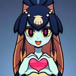  blue_background blue_skin blush fish_girl heart heart_hands looking_at_viewer minette_(skullgirls) open_mouth pink_eyes scales seashell shell shisen skullgirls smile solo yellow_sclera 