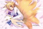  animal_ears barefoot blonde_hair blush brown_hair dot_r fox_ears fox_tail hat hat_removed headwear_removed highres looking_at_viewer lying multiple_tails on_side open_mouth short_hair smile solo tail touhou yakumo_ran yellow_eyes younger 