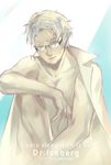  blue blue_eyes character_name copyright_name english facial_hair glasses gray-witch_hai_miko iceberg_(scp) labcoat lips male_focus monochrome naked_coat nude one_eye_closed scp_foundation solo white_hair 