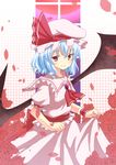  ascot bad_id bad_pixiv_id bat_wings blue_hair brooch checkered checkered_background flower full_moon gradient gradient_background hakuto_(28syuku) hat hat_ribbon jewelry looking_at_viewer mob_cap moon petals puffy_short_sleeves puffy_sleeves red_eyes red_flower red_moon red_rose remilia_scarlet ribbon rose short_hair short_sleeves skirt skirt_hold skirt_set smile solo touhou window wings wrist_cuffs 