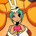  ;3 aqua_hair bare_shoulders breasts cerebella_(skullgirls) cleavage eyeshadow facial_mark hat heart heart_hands horns lips lipstick looking_at_viewer makeup medium_breasts one_eye_closed shisen skullgirls smile vice-versa_(skullgirls) 