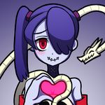  bare_shoulders blue_hair blue_skin blush choker closed_eyes detached_sleeves hair_over_one_eye heart heart_hands heart_hands_duo leviathan_(skullgirls) looking_at_viewer red_eyes shisen side_ponytail skullgirls smile squigly_(skullgirls) stitched_mouth stitches twintails zombie 