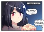 1girl black_hair close-up collarbone comic english expressionless food gradient gradient_background highres hinghoi medium_hair movie_theater original popcorn red_eyes sleeveless solo speech_bubble 