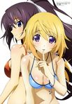  absurdres bikini black_hair blonde_hair blue_eyes blush breasts charlotte_dunois cleavage highres infinite_stratos kondou_natsuko long_hair medium_breasts megami multiple_girls non-web_source official_art ponytail purple_eyes shinonono_houki strap_gap swimsuit very_long_hair 