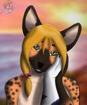  beach blonde_hair canine caress cynthia detailed_background female green_eyes hair hair_bow hyena looking_at_viewer pink_bow seaside sky stolf sunset waffles_(artist) water 