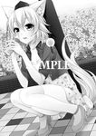  animal_ears bad_id bad_pixiv_id checkered checkered_floor contemporary eating field flower flower_field food food_on_face greyscale hat high_heels ice ice_cream_cone inubashiri_momiji monochrome short_hair sitting skirt solo suzume_miku tail tokin_hat touhou wolf_ears wolf_tail 