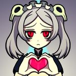  bags_under_eyes bloody_marie_(skullgirls) commentary_request frown grey_hair hair_ornament heart heart_hands light_frown looking_at_viewer maid maid_headdress red_eyes shisen skull_hair_ornament skullgirls solo twintails wrist_cuffs 