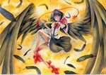  artist_name black_hair bow colored_pencil_(medium) dated feathered_wings feathers frilled_skirt frills geta hat japanese_clothes looking_at_viewer mosho notebook one_eye_closed pen pom_pom_(clothes) puffy_sleeves red_eyes shameimaru_aya shirt short_hair short_sleeves skirt smile solo tengu-geta tokin_hat touhou traditional_media water wings yellow_background 