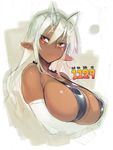  antenna_hair bikini blush breasts cleavage covered_nipples dark_elf dark_skin elbow_gloves elf gloves highres large_breasts long_hair namaniku_atk pointy_ears red_eyes sansei_muramasa sketch solo soukou_akki_muramasa strap_gap swimsuit upper_body white_gloves white_hair 