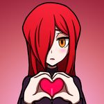  blush hair_over_one_eye heart heart_hands light_frown lips long_hair looking_at_viewer parasoul_(skullgirls) red_hair shisen skullgirls solo yellow_eyes 