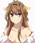  ahoge bare_shoulders breasts brown_hair cleavage detached_sleeves double_bun hair_ornament hairband japanese_clothes kantai_collection kongou_(kantai_collection) long_hair looking_at_viewer medium_breasts nontraditional_miko partially_undressed purple_eyes solo tom_(drpow) 