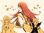  1girl 2boys chappa_(chappa7610) eyes_closed fist_bump grin hair_ornament hairclip long_hair multiple_boys namikaze_minato namikaze_minato_(kyuubi_chakra_mode) naruto naruto_shippuuden open_mouth red_hair smile tsumami uzumaki_kushina uzumaki_naruto uzumaki_naruto_(kyuubi_chakra_mode) very_long_hair 