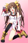  ankle_boots boots brown_hair cross-laced_footwear fang green_eyes huang_lingyin infinite_stratos lace-up_boots long_hair open_mouth panties pantyshot saipaco school_uniform socks twintails underwear 