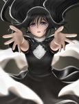  akemi_homura black_hair dress funeral_dress hairband highres long_hair looking_at_viewer mahou_shoujo_madoka_magica mahou_shoujo_madoka_magica_movie neck_ribbon open_mouth outstretched_arms purple_eyes ribbon siraha solo 